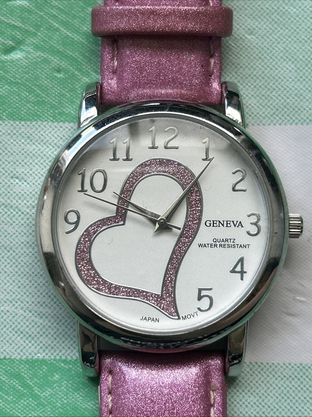 Geneva Silver Tone Heart Pink Band Women’s Quartz Watch